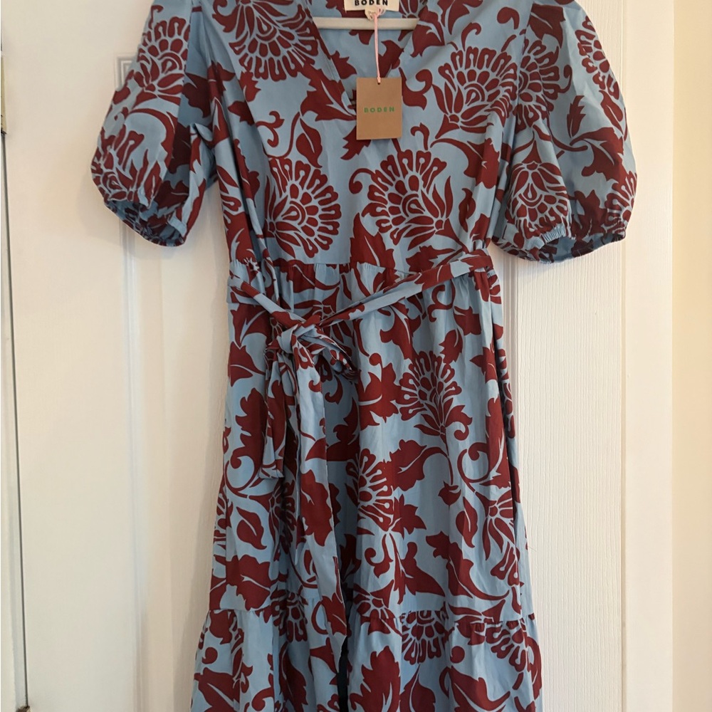 Boden dress NWT 10 Christabel cotton Dress Light Blue and Burgundy Midi Dress - Picture 9 of 13